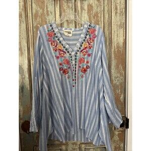 Savannah Jane 2X Top Striped Floral Embroidered Light 100% Cotton Tunic Blouse